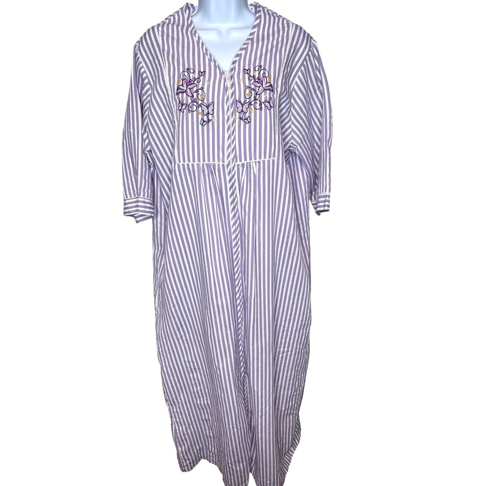 Collections Etc Womens Purple Striped Lounger House Dress Sz M Comfy Embroidered